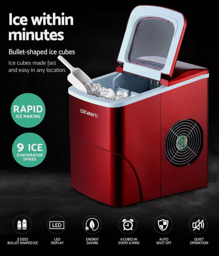 DEVANTi Portable Ice Cube Maker Machine 2L Home Bar Benchtop Easy Quick Red