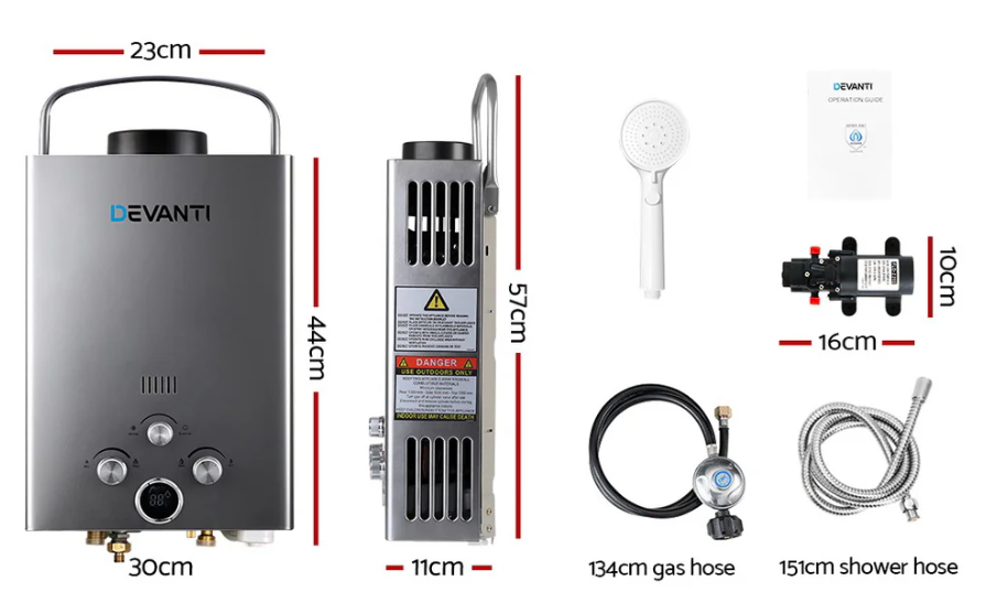 Devanti Portable Gas Water Heater 8L/Min With Pump LPG System Grey