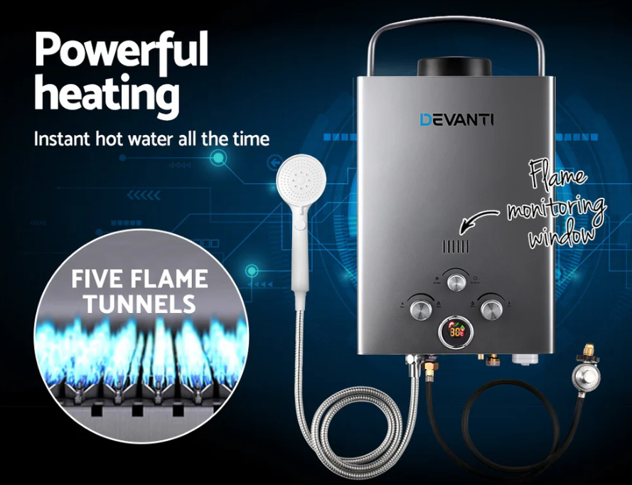 Devanti Portable Gas Water Heater 8L/Min With Pump LPG System Grey