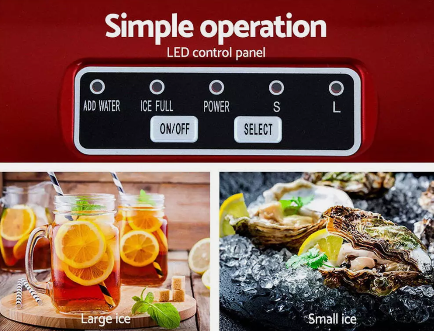 DEVANTi Portable Ice Cube Maker Machine 2L Home Bar Benchtop Easy Quick Red