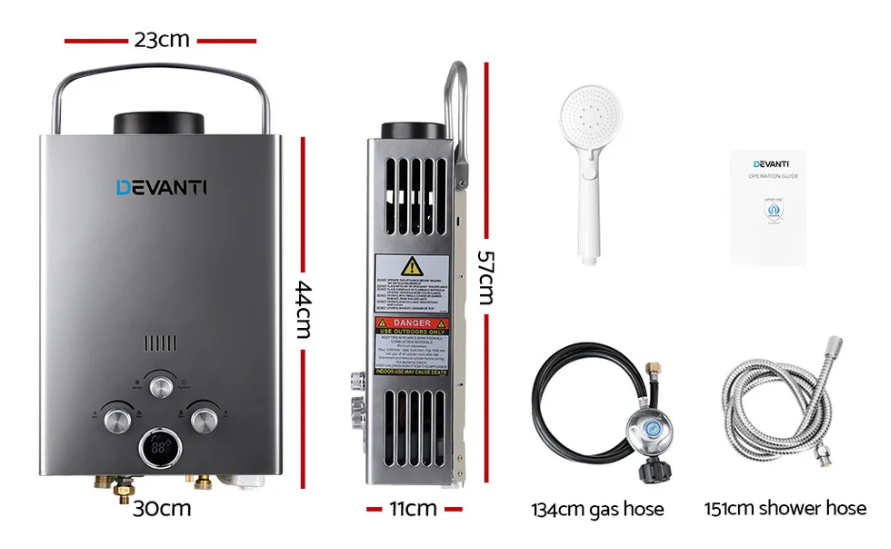 Devanti Portable Gas Water Heater 8L/Min LPG System Grey