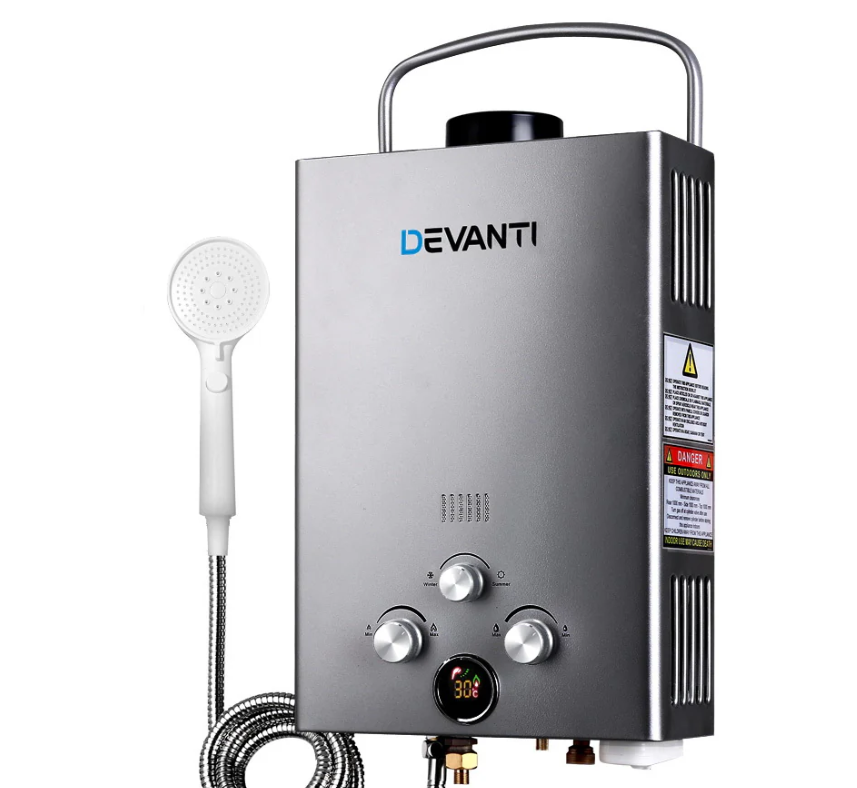 Devanti Portable Gas Water Heater 8L/Min With Pump LPG System Grey
