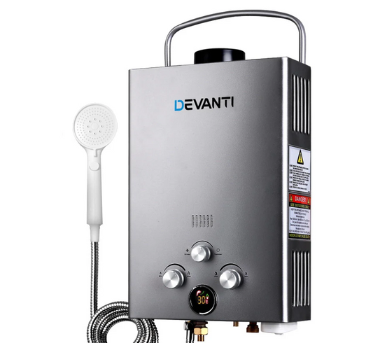 Devanti Portable Gas Water Heater 8L/Min With Pump LPG System Grey